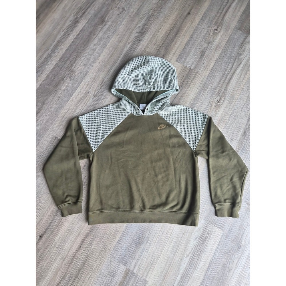 Nike Women Olive Green Mesh Overlay Fleece Hoodie Small Pullover Sweatshirt